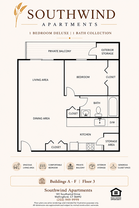 Floor plan for 1 bed, 1 bath, 725 sqft